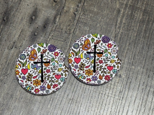 Christian Car Coasters | Floral Faith / Cross