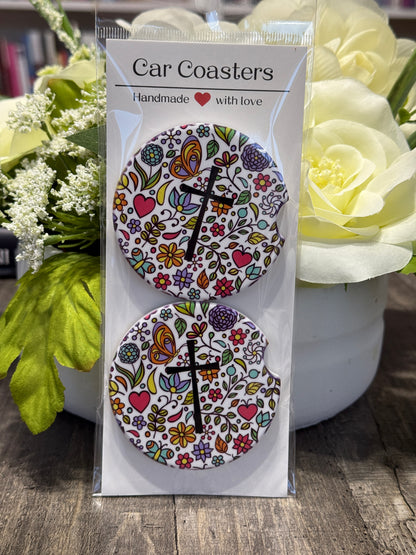Christian Car Coasters | Floral Faith / Cross