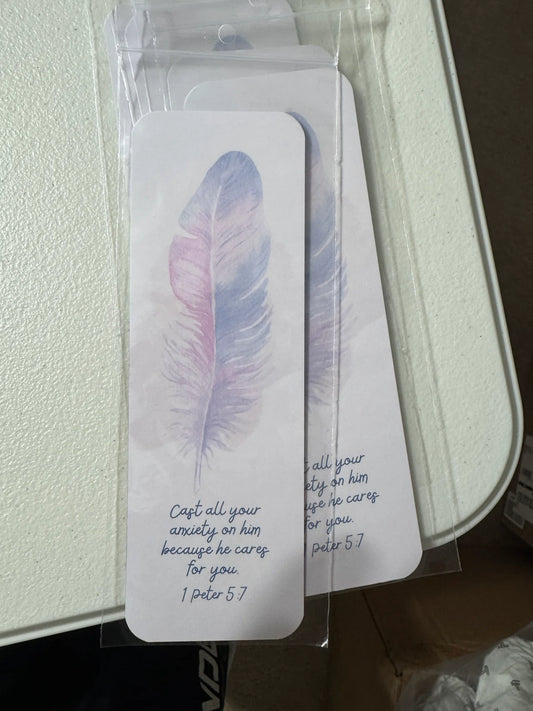 Faith Bookmark | 1 Peter 5:7 (Vertical Feather)