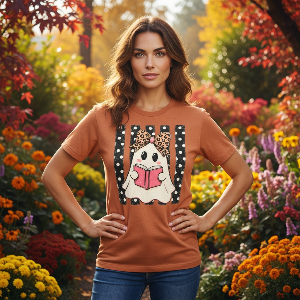 Ghost Reading Seasonal Halloween Book Graphic T-Shirt