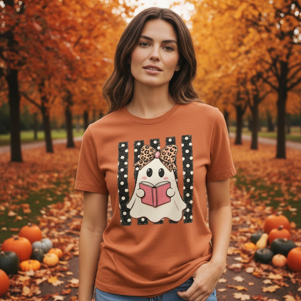 Ghost Reading Seasonal Halloween Book Graphic T-Shirt