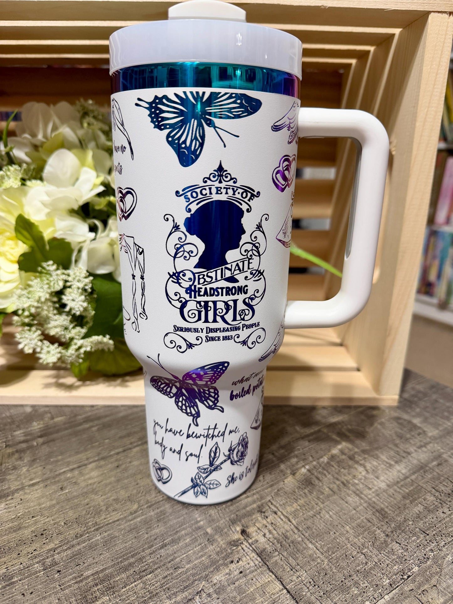 Pride and Prejudice Stanley Style 40oz Engraved Tumbler | White Rainbow Bookish Cup | Jane Austen Inspired Gift | Romance Reader Mug