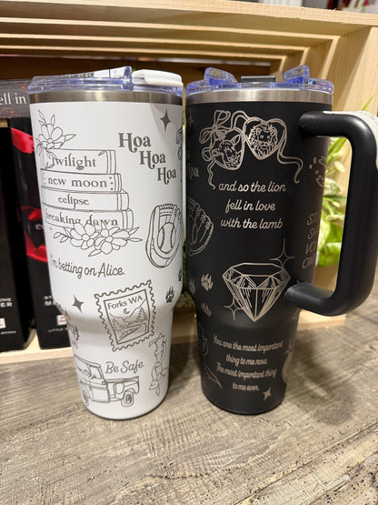 Twilight Inspired 40oz Engraved Tumbler with Handle – Bookish Gift – “And So the Lion Fell in Love with the Lamb”