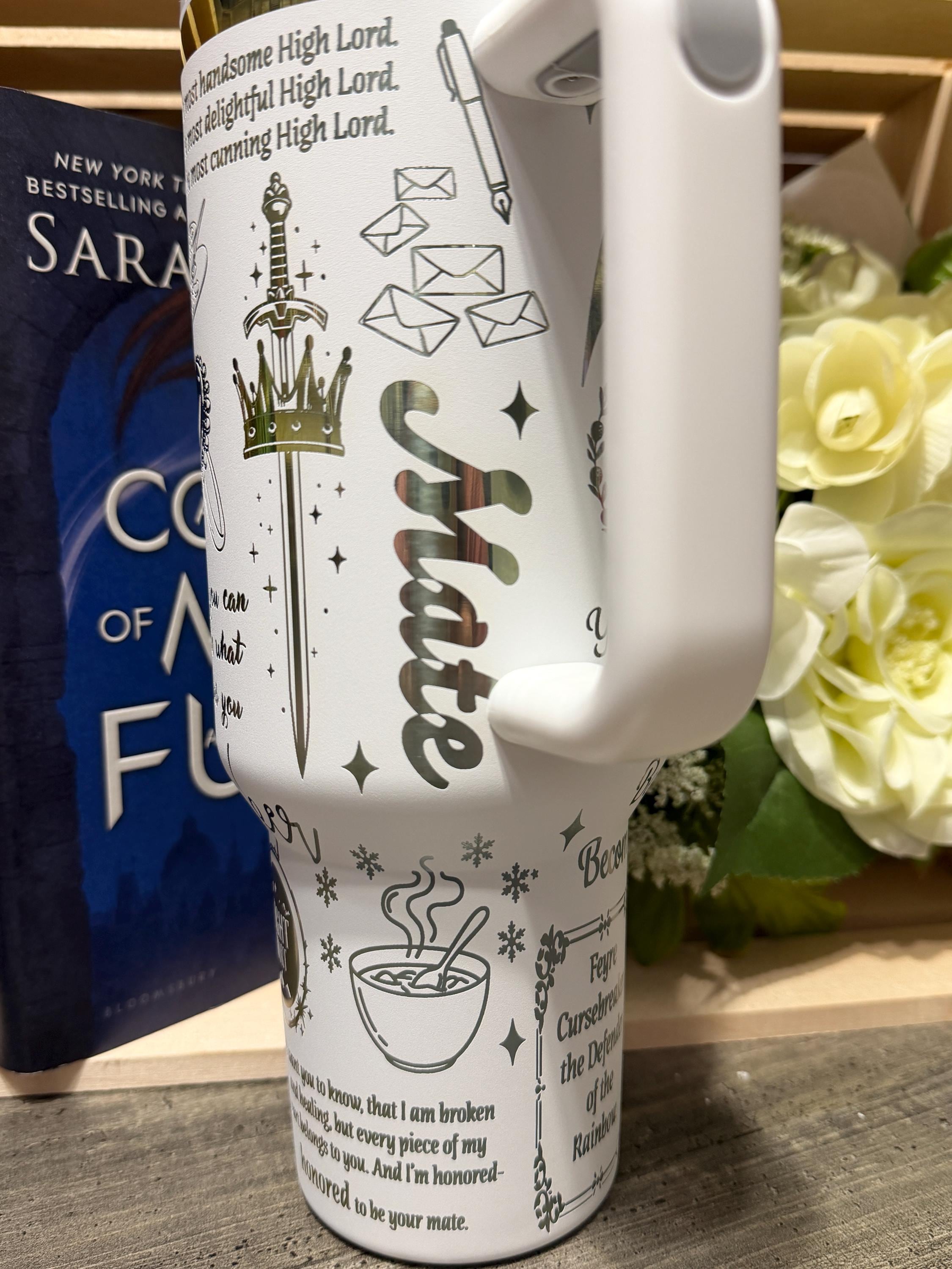 Velaris 40oz Stanley Style Tumbler – ACOTAR Inspired Cup – Night Court Rhysand & Feyre Quotes – White Rainbow Bookish Tumbler with Handle