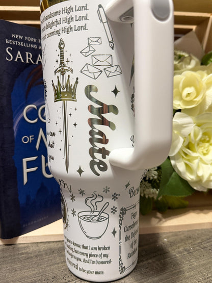 Velaris 40oz Stanley Style Tumbler – ACOTAR Inspired Cup – Night Court Rhysand & Feyre Quotes – White Rainbow Bookish Tumbler with Handle