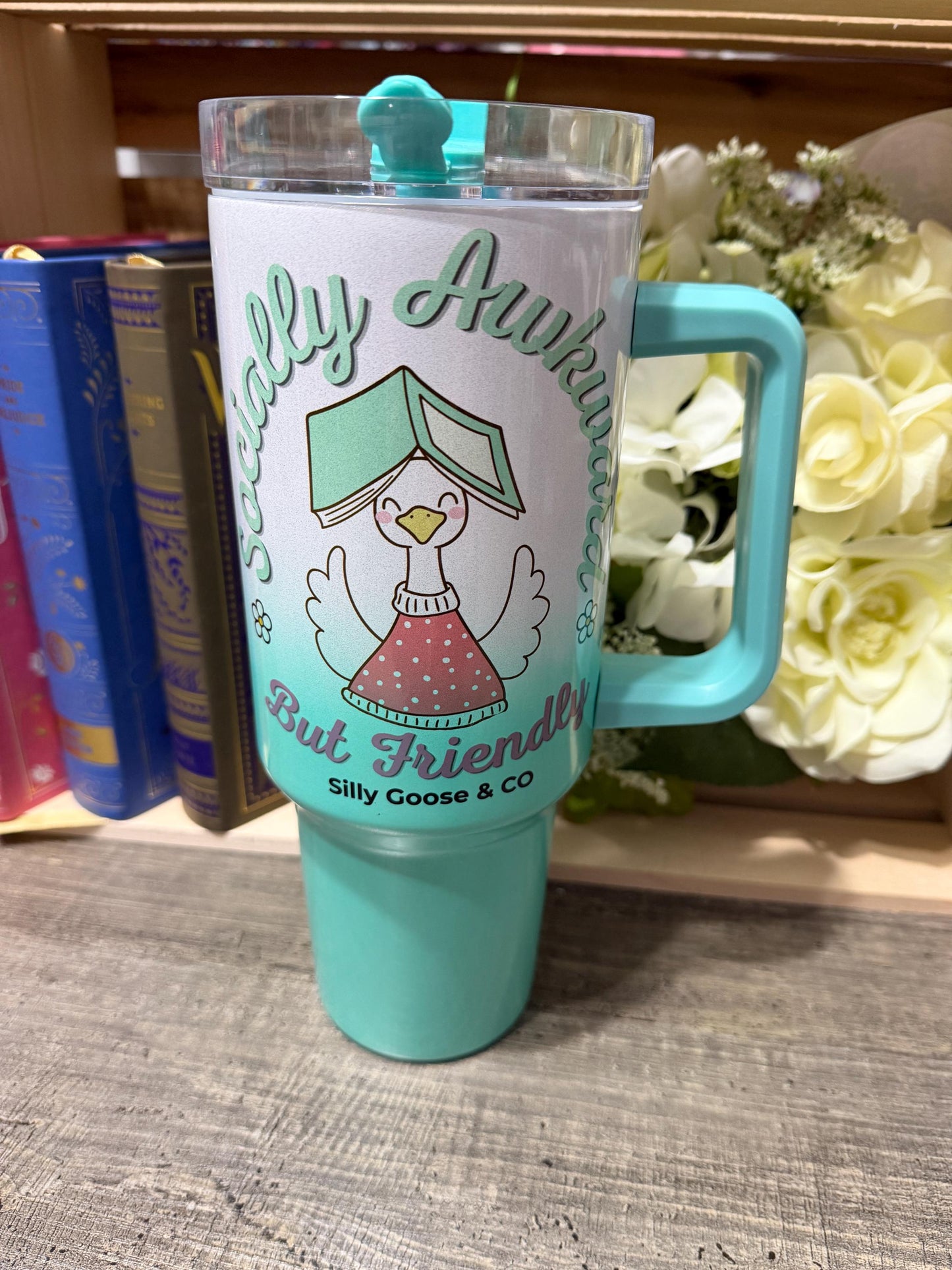 Socially Awkward But Friendly Tumbler – 40oz Stanley Style Bookish Goose Cup – Green Ombre Reader Gift – Silly Goose & Co