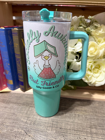 Socially Awkward But Friendly Tumbler – 40oz Stanley Style Bookish Goose Cup – Green Ombre Reader Gift – Silly Goose & Co