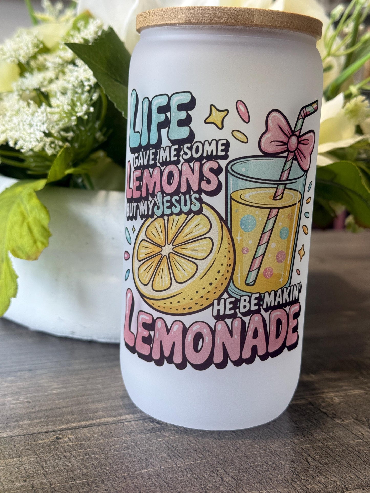 Life Gave Me Lemons Jesus Made Lemonade | 16oz Frosted Glass Tumbler with Bamboo Lid & Straw | Christian Gift, Faith Drinkware