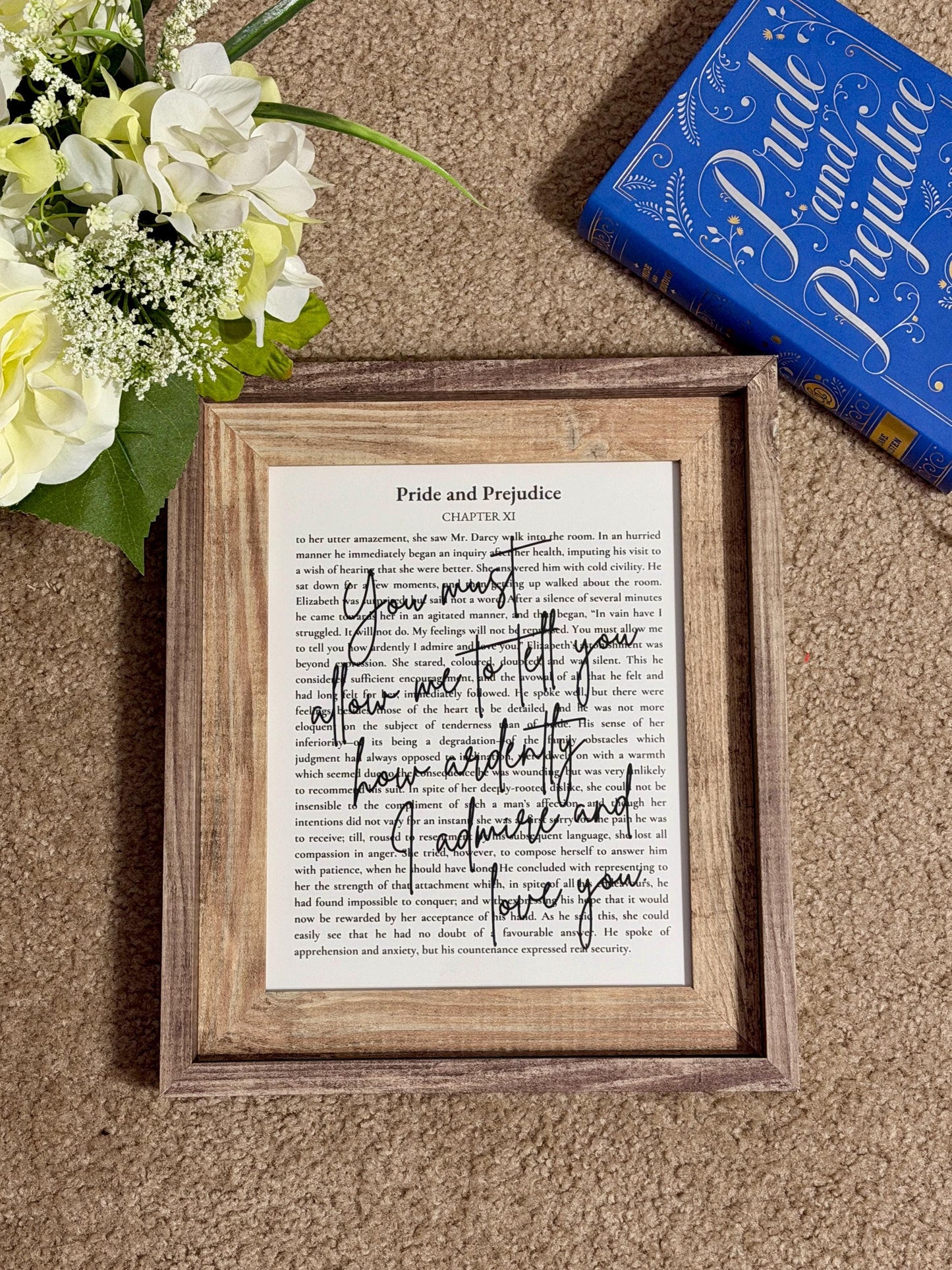Bookish Frame | Pride & Prejudice Quote “I Ardently Admire and Love You”, Jane Austen Gift, Romantic Bookish Decor, Framed Literary Art