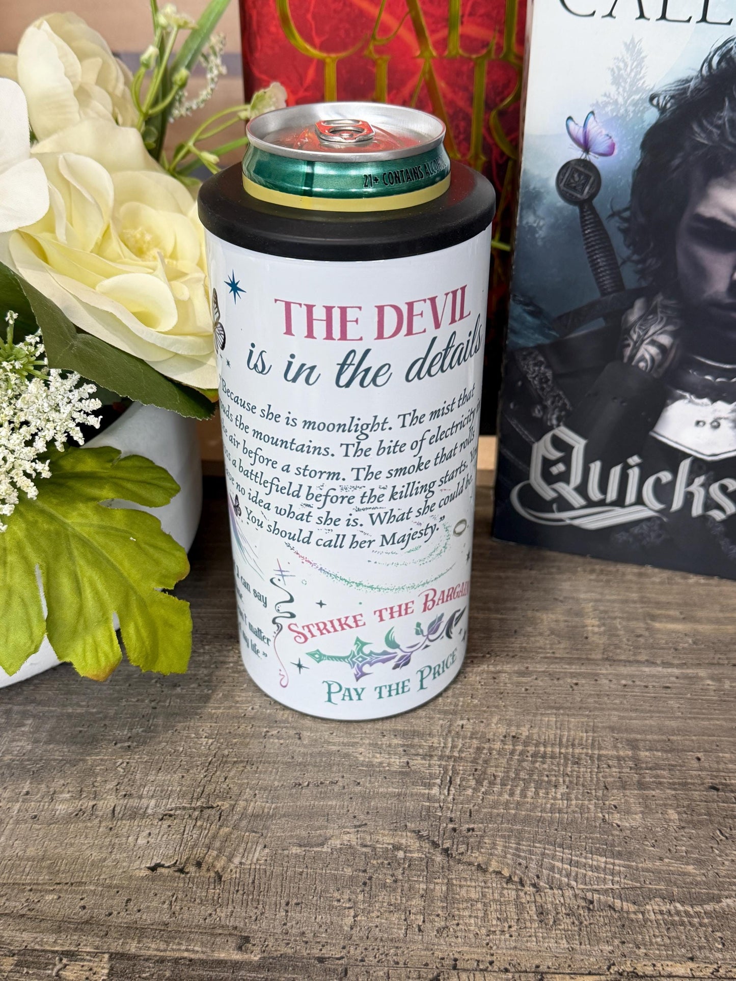 Quicksilver Inspired 4 in 1 Can Cooler | Saeris Fane & Kingfisher Tumbler | Fantasy Romance Bookish Cup | Reader Gift | Insulated Drinkware