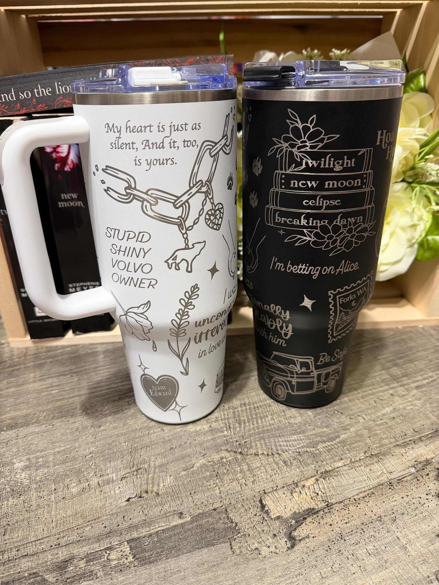 Twilight Inspired 40oz Engraved Tumbler with Handle – Bookish Gift – “And So the Lion Fell in Love with the Lamb”