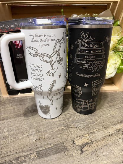 Twilight Inspired 40oz Engraved Tumbler with Handle – Bookish Gift – “And So the Lion Fell in Love with the Lamb”