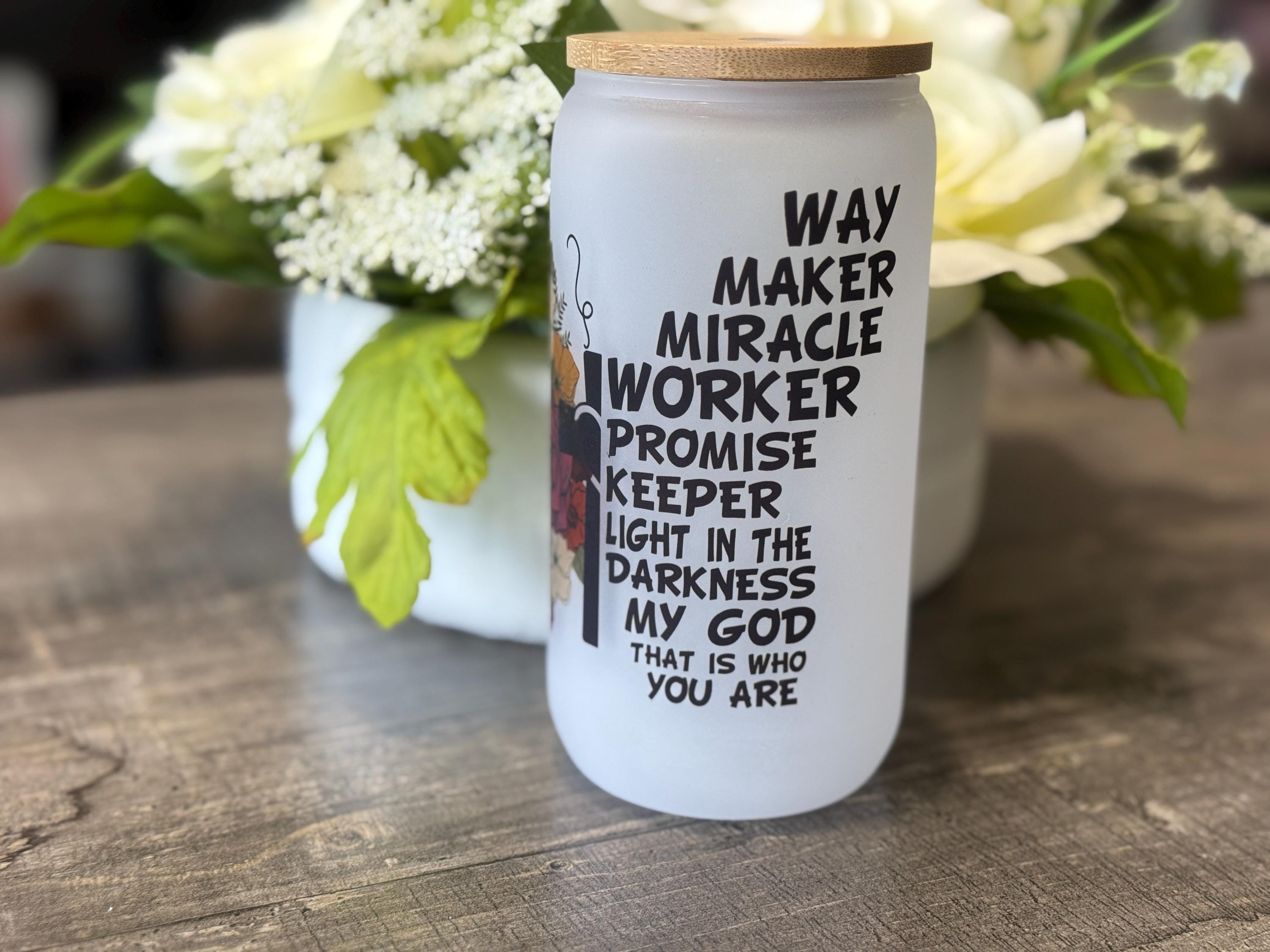 Way Maker Miracle Worker Tumbler | 16oz Frosted Glass with Bamboo Lid & Straw | Christian Gift