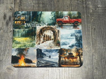 Twilight Aesthetic Mouse Pad – Scenic Collage with Red Truck, Forest & Cliffside Views