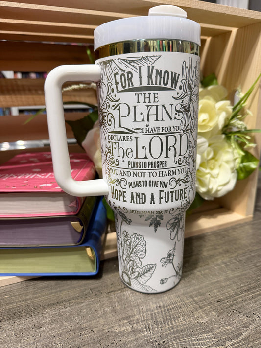 Jeremiah 29:11 40oz Tumbler with Handle | Christian Floral Stanley Style Cup | Faith Scripture Travel Mug | Bible Verse Gift for Women