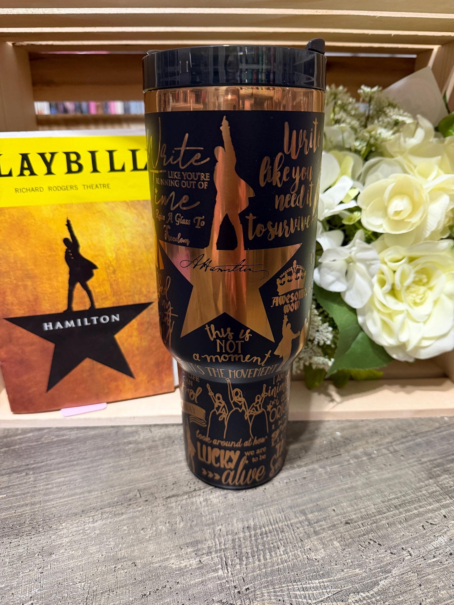 Hamilton Inspired 40oz Engraved Tumbler with Handle – Broadway Musical Quote Cup – Theater Lover Gift – Stanley Style
