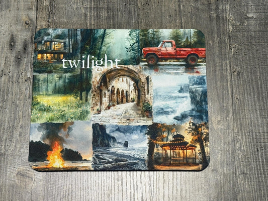 Twilight Aesthetic Mouse Pad – Scenic Collage with Red Truck, Forest & Cliffside Views