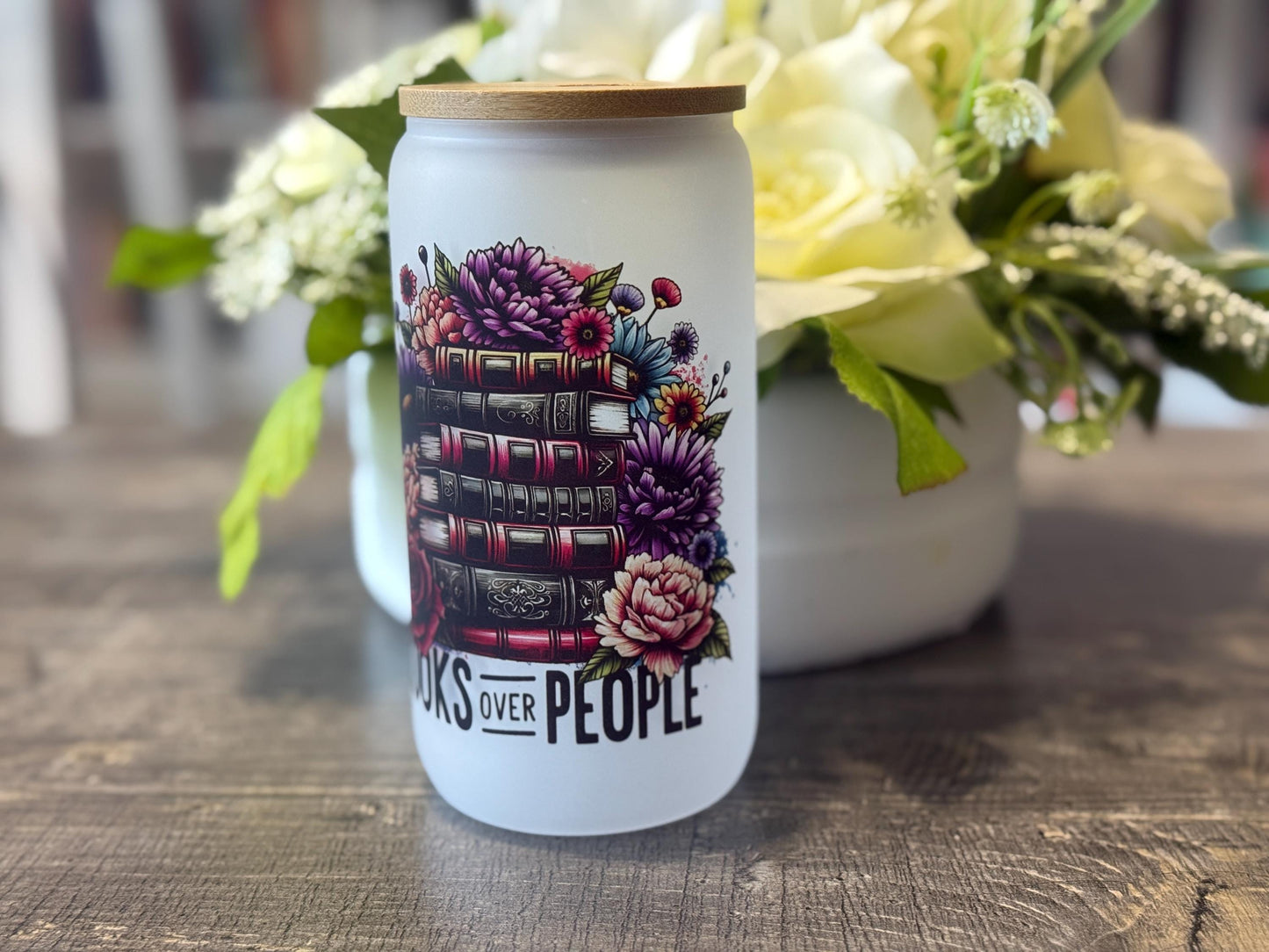 Books Over People Frosted Glass Tumbler with Bamboo Lid and Straw | 16oz Book Lover Gift | Floral Reading Aesthetic Cup