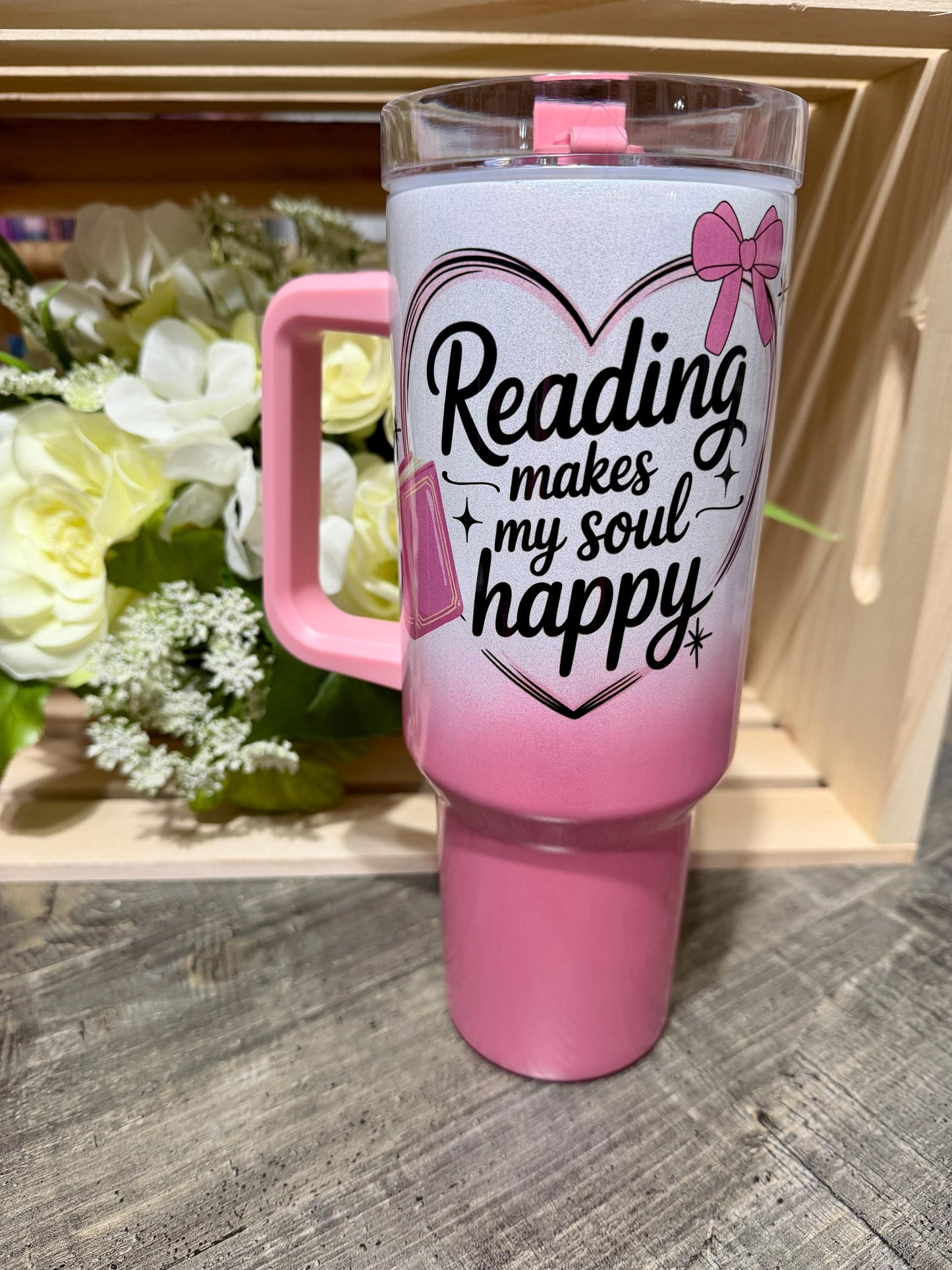 Pink Ombre Reading Makes My Soul Happy 40oz Tumbler | Book Lover Cup | Girly Reading Stanley Style Tumbler | Reader Gift