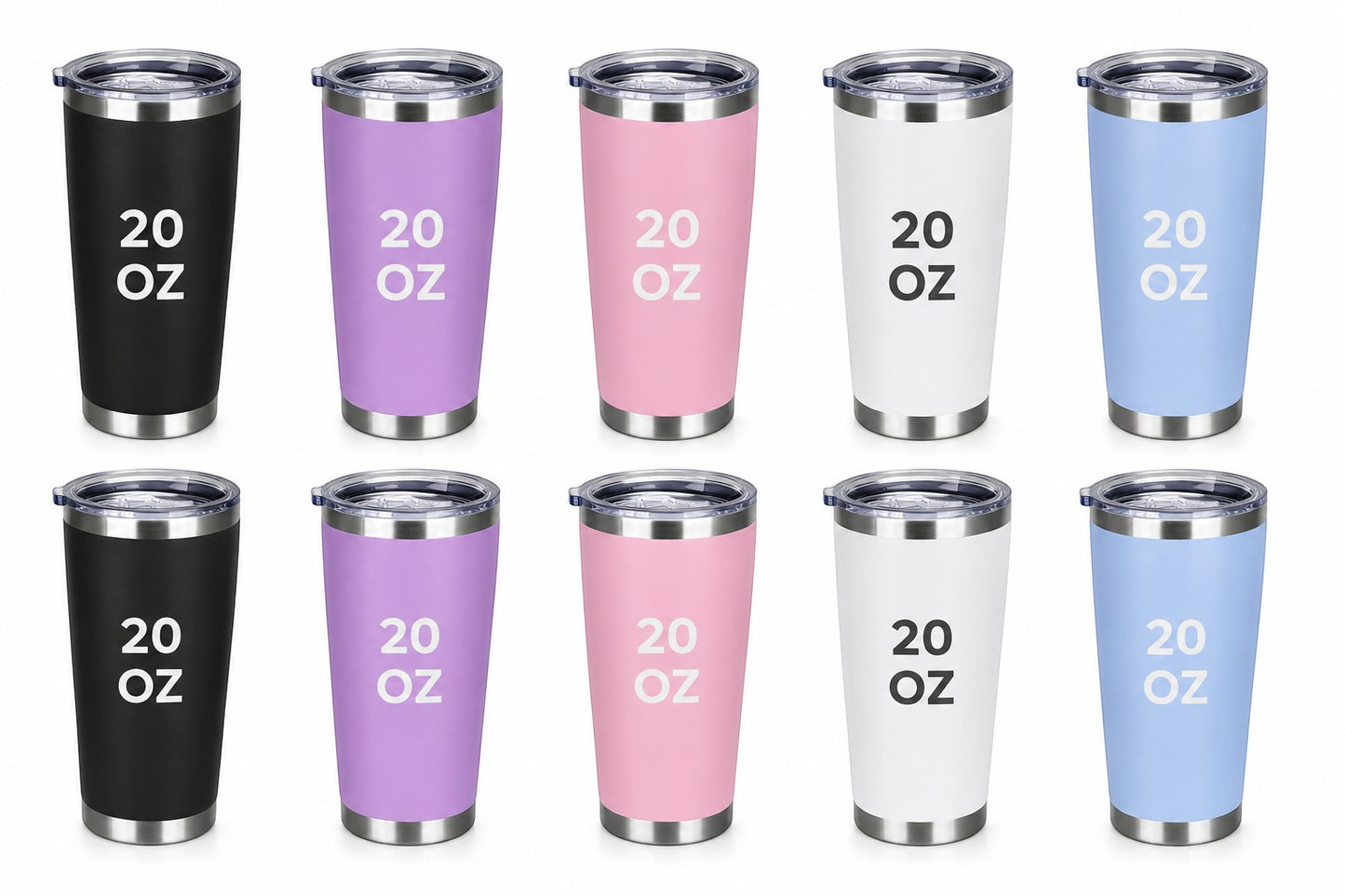 Between The Pages Boutique 20oz insulated tumblers in various matte powder-coated colors with lids and straws.