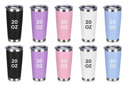 Between The Pages Boutique 20oz insulated tumblers in various matte powder-coated colors with lids and straws.