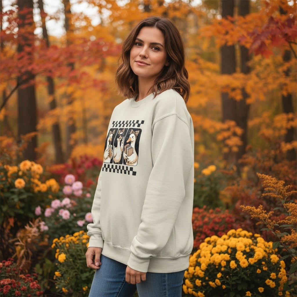 Between The Pages Boutique cream crewneck sweatshirt with a playful duck graphic and checkered border in autumn woods