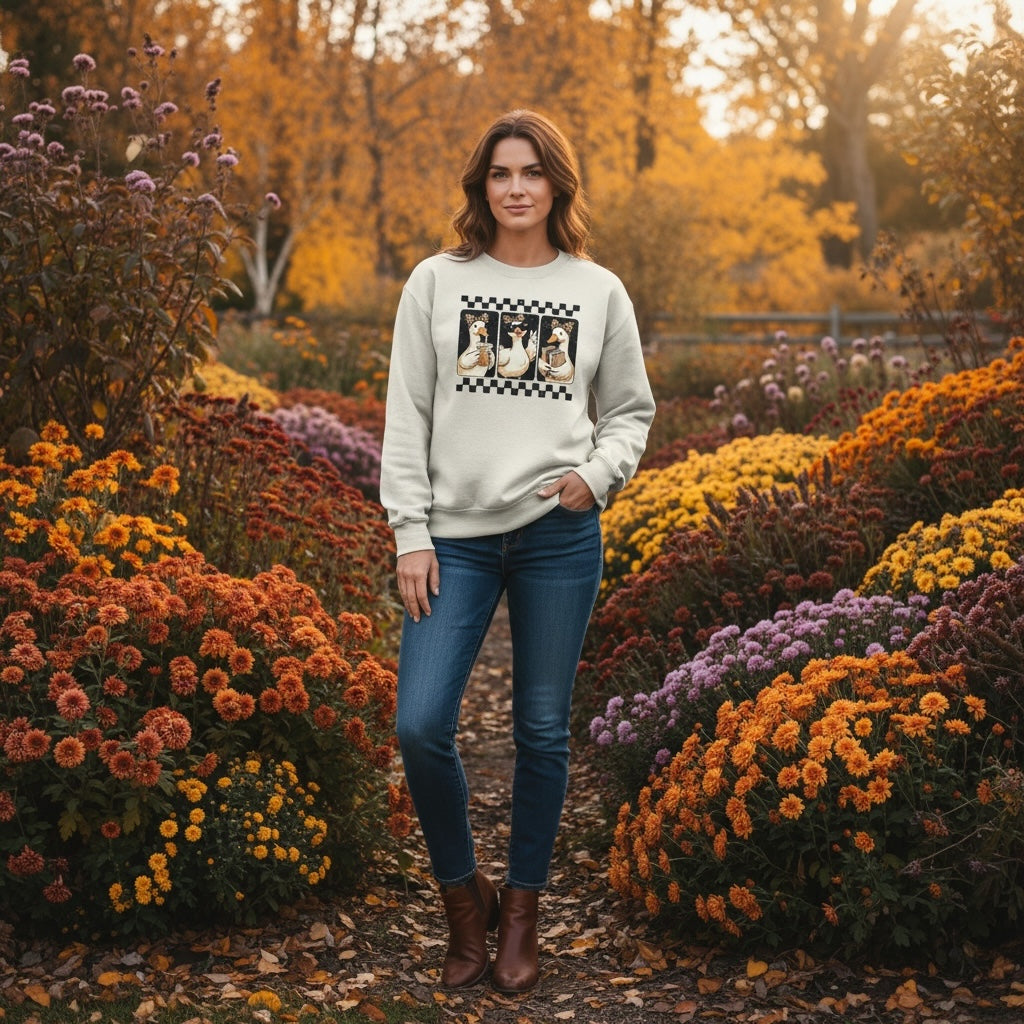 Between The Pages Boutique cream crewneck sweatshirt with duck graphic print, worn by a woman in an autumn garden.