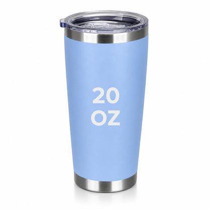 Between The Pages Boutique 20oz light blue powder-coated insulated tumbler with clear lid and stainless steel rim