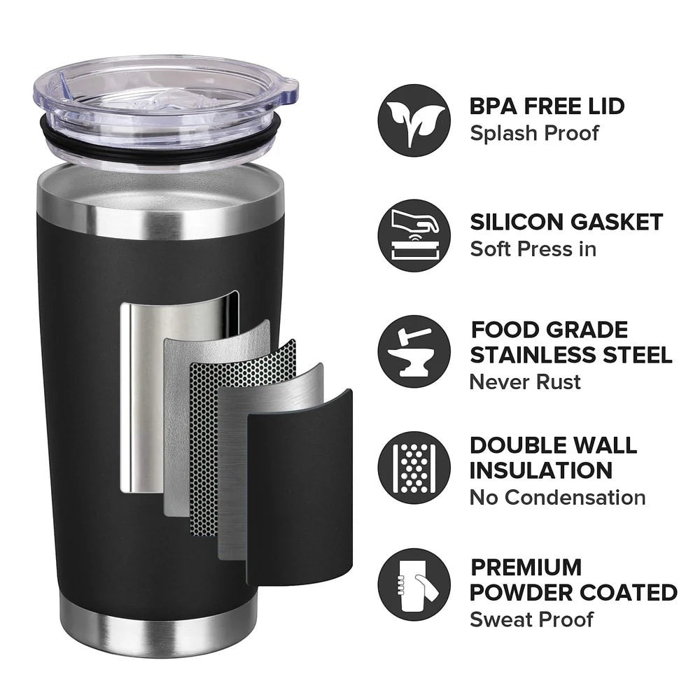 Between The Pages Boutique 20oz matte black powder-coated insulated tumbler with lid and technical feature diagram.