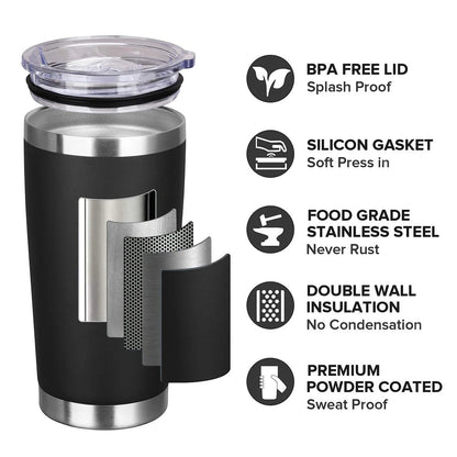 Between The Pages Boutique 20oz matte black powder-coated insulated tumbler with lid and technical feature diagram.