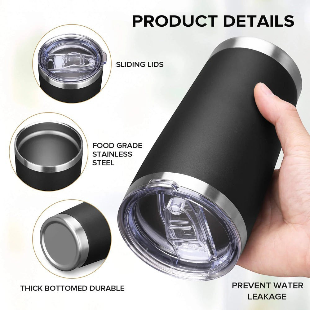 Between The Pages Boutique 20oz matte black insulated stainless steel tumbler with sliding lid and durable base