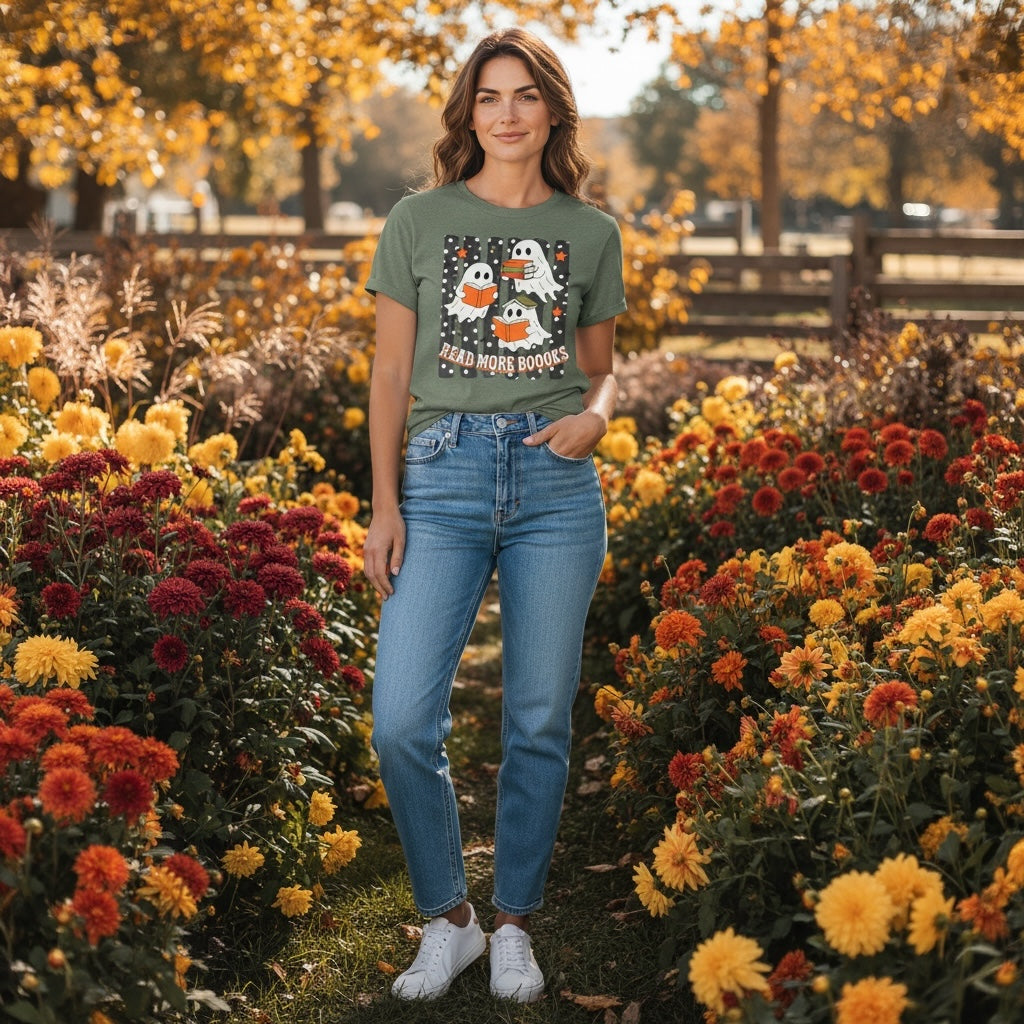 Between The Pages Boutique olive green graphic t-shirt featuring three ghosts reading books in a fall flower garden.