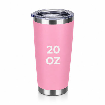 Between The Pages Boutique 20oz pink powder-coated insulated tumbler with clear lid for hot and cold drinks