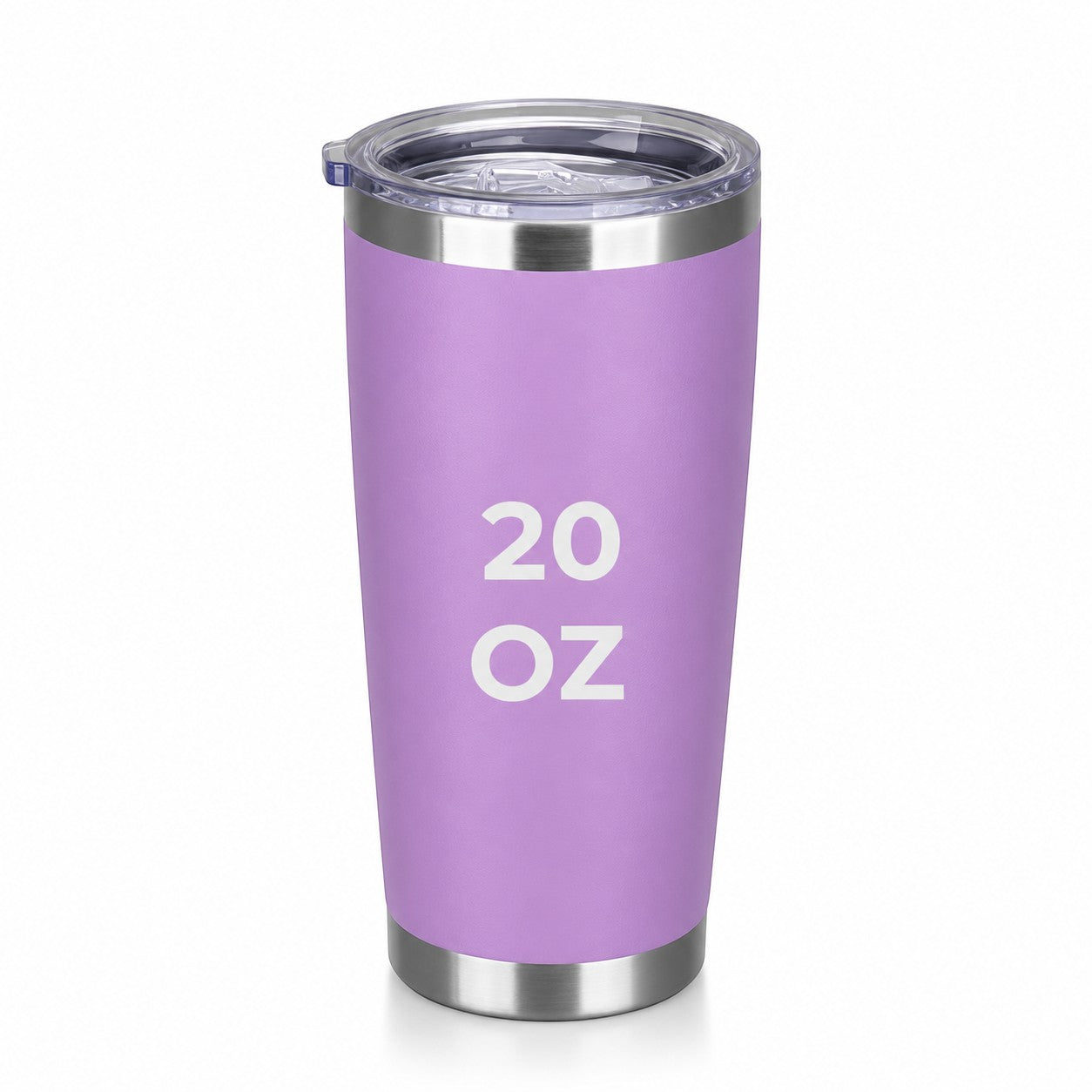 Between The Pages Boutique 20oz purple powder-coated insulated tumbler with a clear lid and stainless steel rim.