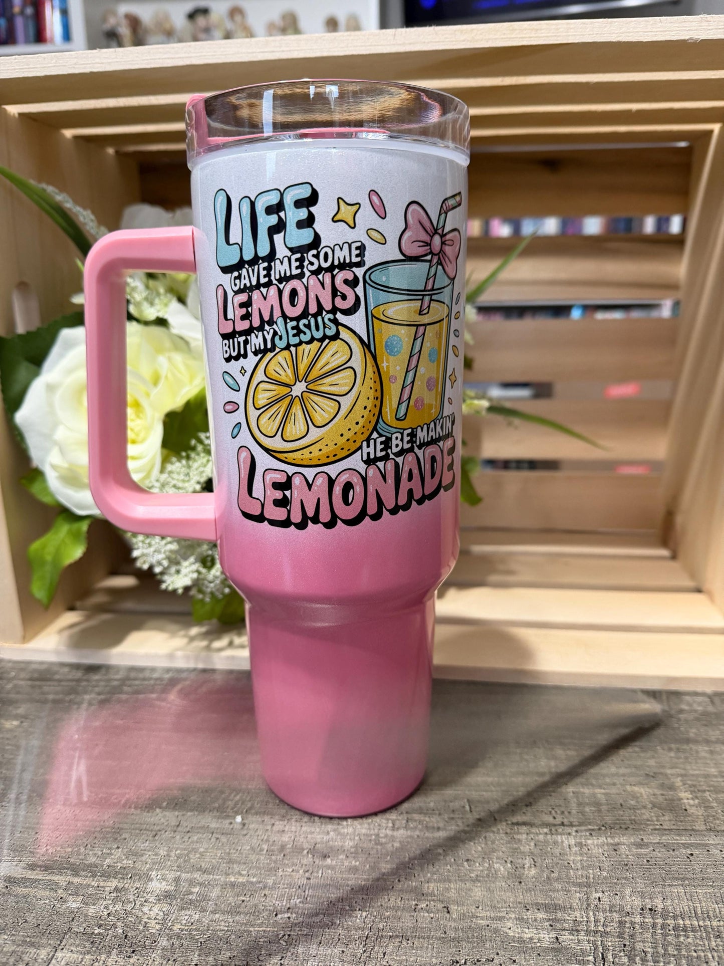 Pink Ombre Lemonade 40oz Tumbler | Faith-Inspired Quote Cup | Stanley Style Insulated Travel Mug