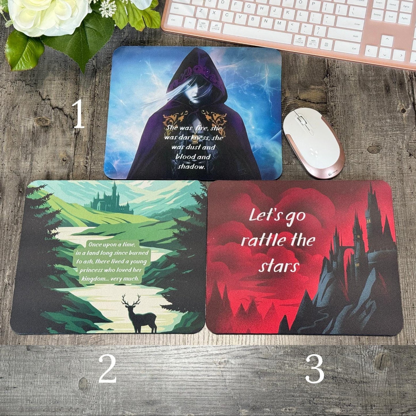 Throne of Glass Inspired Mouse Pad Set | Fantasy Desk Mats with Quotes | Sorceress, Castle & Rattle the Stars Designs