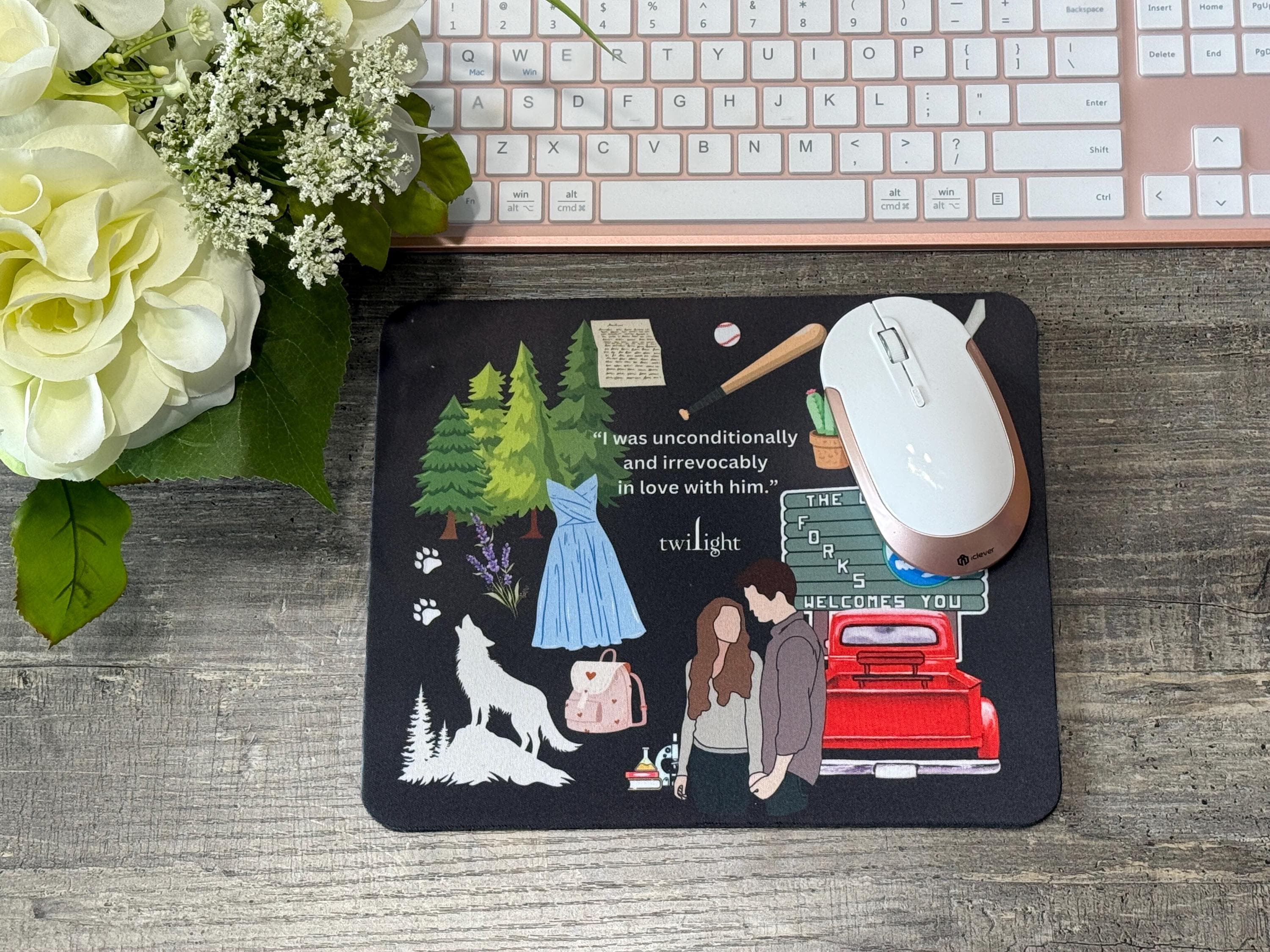 Twilight-Inspired Mouse Pad | Forks Collage Design with Iconic Symbols & Quotes | Bookish Desk Decor for Fans