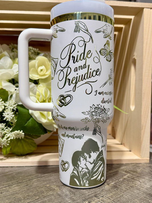 Pride and Prejudice Stanley Style 40oz Engraved Tumbler | White Rainbow Bookish Cup | Jane Austen Inspired Gift | Romance Reader Mug