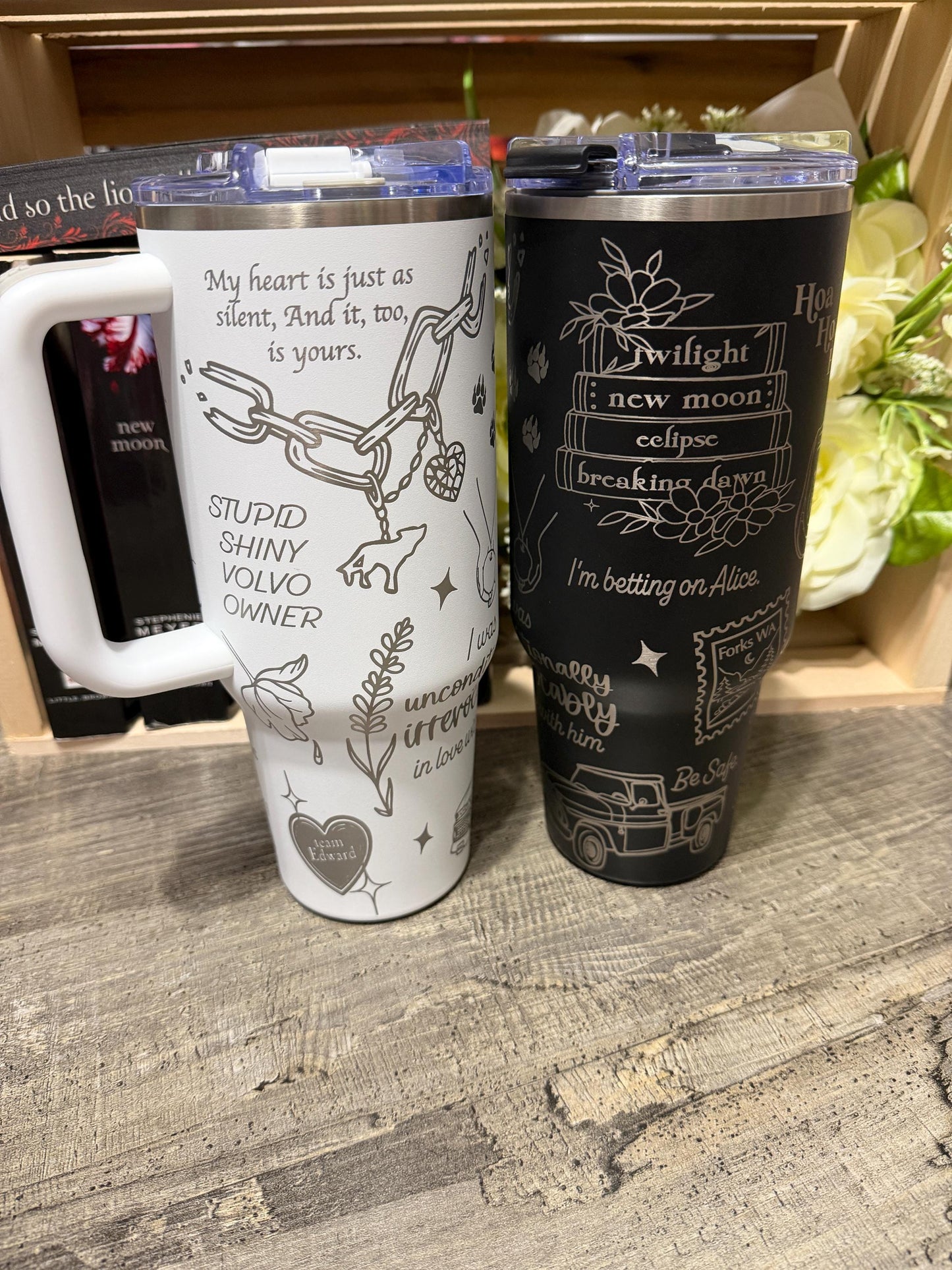 Twilight Inspired 40oz Engraved Tumbler with Handle – Bookish Gift – “And So the Lion Fell in Love with the Lamb”