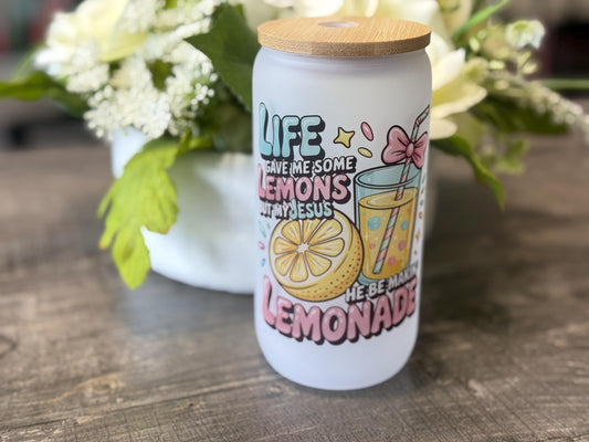 Life Gave Me Lemons Jesus Made Lemonade | 16oz Frosted Glass Tumbler with Bamboo Lid & Straw | Christian Gift, Faith Drinkware