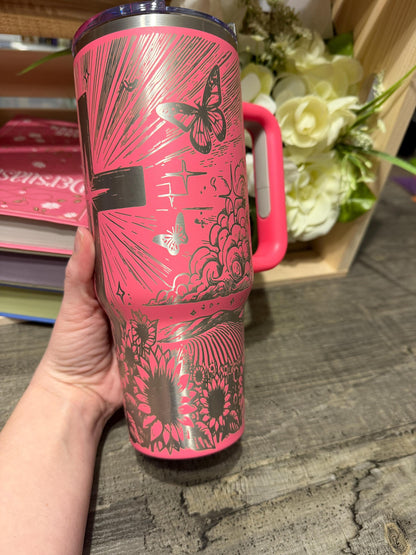 Pink Butterfly Cross 40oz Tumbler with Handle | Faith Inspired Engraved Stanley Style Cup | Christian Gift for Women | Floral Jesus Cup