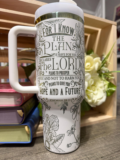 Jeremiah 29:11 40oz Tumbler with Handle | Christian Floral Stanley Style Cup | Faith Scripture Travel Mug | Bible Verse Gift for Women