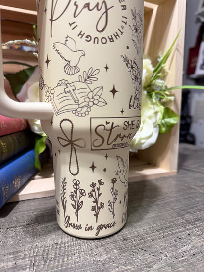 Christian 40oz Engraved Tumbler with Handle | Faith Scripture Cup | Pray Over It Stanley Style Mug | Proverbs 31:25 Gift for Women
