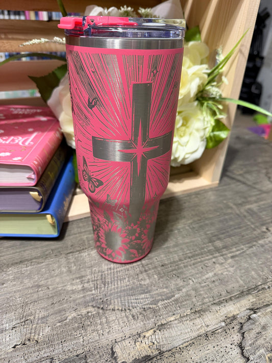 Pink Butterfly Cross 40oz Tumbler with Handle | Faith Inspired Engraved Stanley Style Cup | Christian Gift for Women | Floral Jesus Cup
