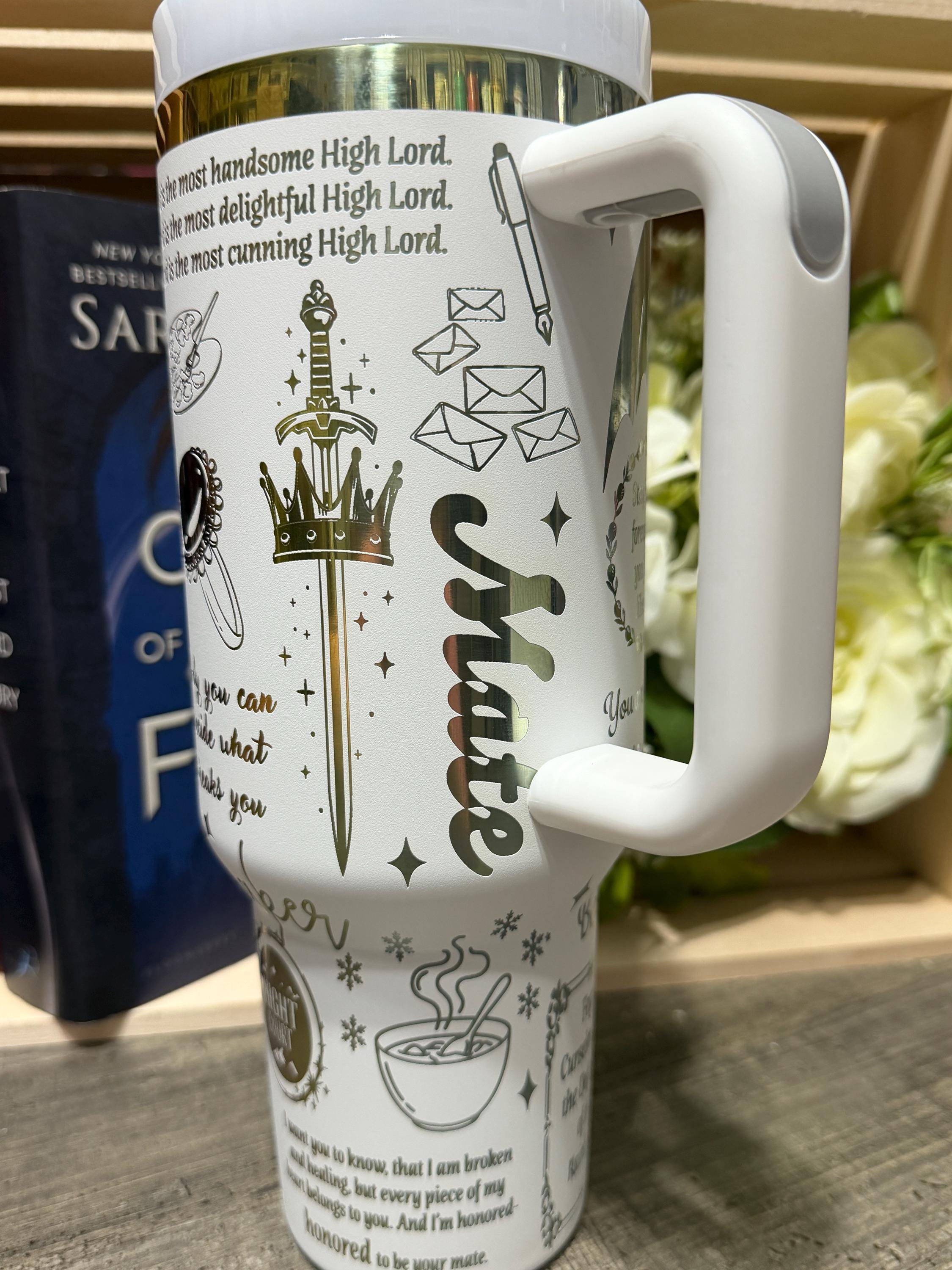 Velaris 40oz Stanley Style Tumbler – ACOTAR Inspired Cup – Night Court Rhysand & Feyre Quotes – White Rainbow Bookish Tumbler with Handle