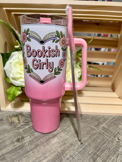 Pink Ombre Bookish Girly 40oz Tumbler | Book Lover Cup | Stanley Style Insulated Reading Tumbler | Floral Book Aesthetic Gift