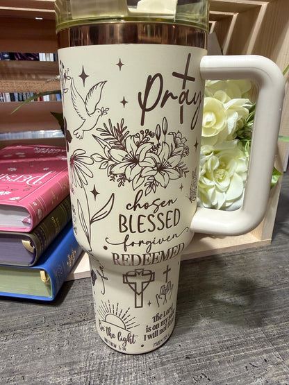 Christian 40oz Engraved Tumbler with Handle | Faith Scripture Cup | Pray Over It Stanley Style Mug | Proverbs 31:25 Gift for Women