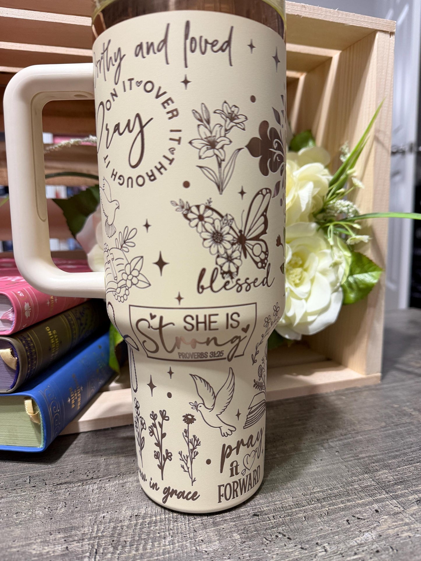 Christian 40oz Engraved Tumbler with Handle | Faith Scripture Cup | Pray Over It Stanley Style Mug | Proverbs 31:25 Gift for Women