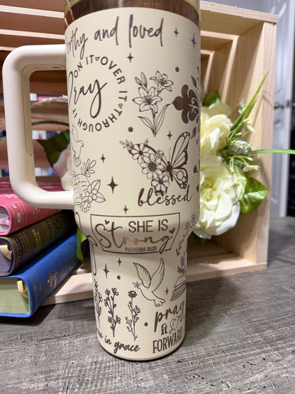 Christian 40oz Engraved Tumbler with Handle | Faith Scripture Cup | Pray Over It Stanley Style Mug | Proverbs 31:25 Gift for Women