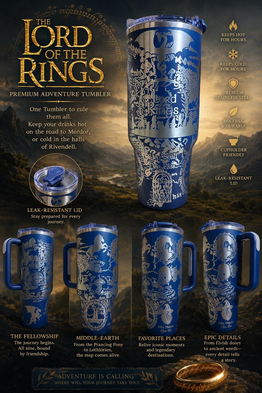 Lord of the Rings 40oz Engraved Tumbler | LOTR Stanley Style Cup | One Ring Fantasy Travel Mug | Tolkien Bookish Gift | Middle Earth Cup